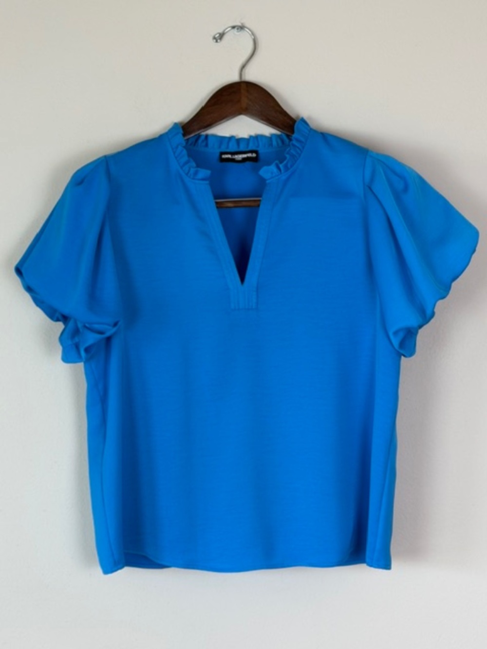 Karl Lagerfeld Bright Blue Short Puff Sleeves Ruffle Collar and V-neck Sz Med